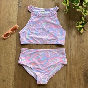 Multicolored swirl two-piece swimsuit